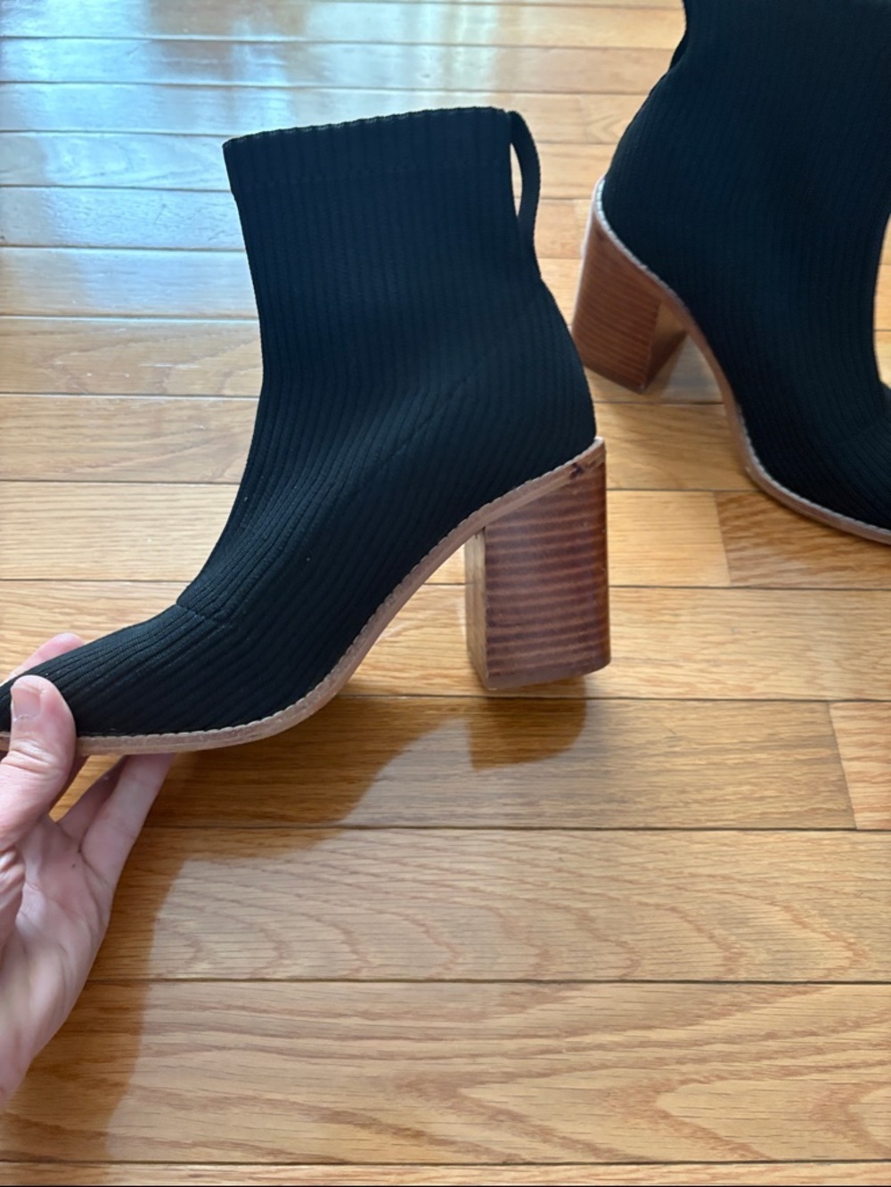 Steven By Steve Madden Black Knit Sock Ankle Boots with Brown Block Heel - Picture 8 of 10